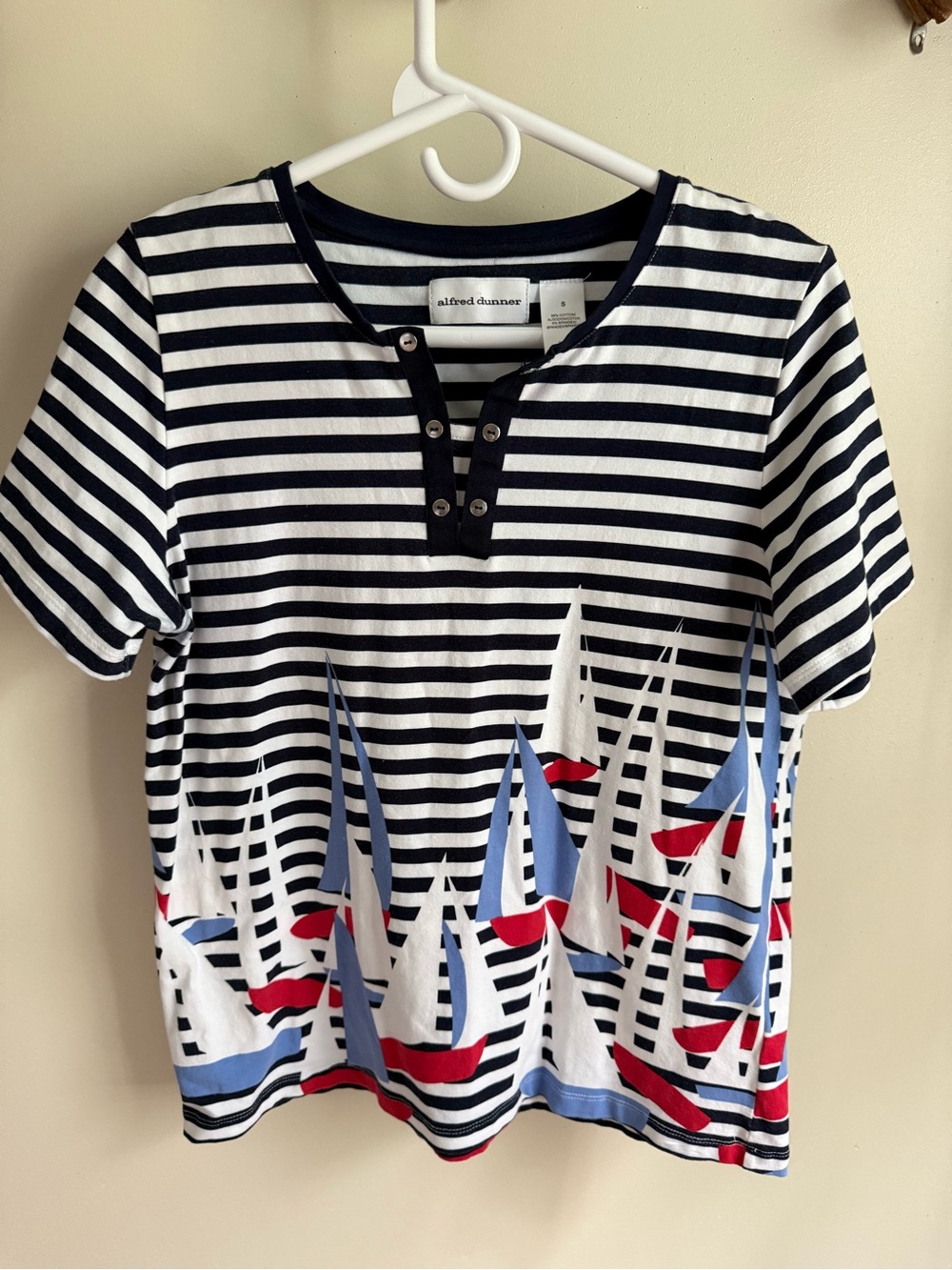 Cotton Alfred Dunner Navy, White & Red Striped Sailboat Tee